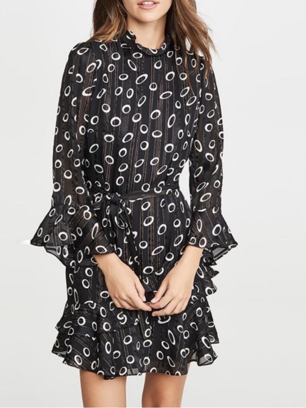 NWT Saloni mini dress long sleeve chiffon sheer cocktail dress black white gold